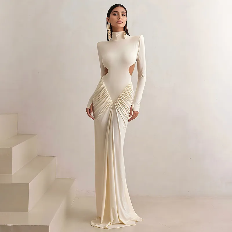 Women Elegant Solid Color High Neck Long Sleeve Backless Slim Fit Pleated Party Dress