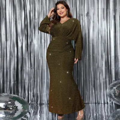 Women Fashion Elegant Plus Size V-Neck Long-Sleeve Fishtail Dress