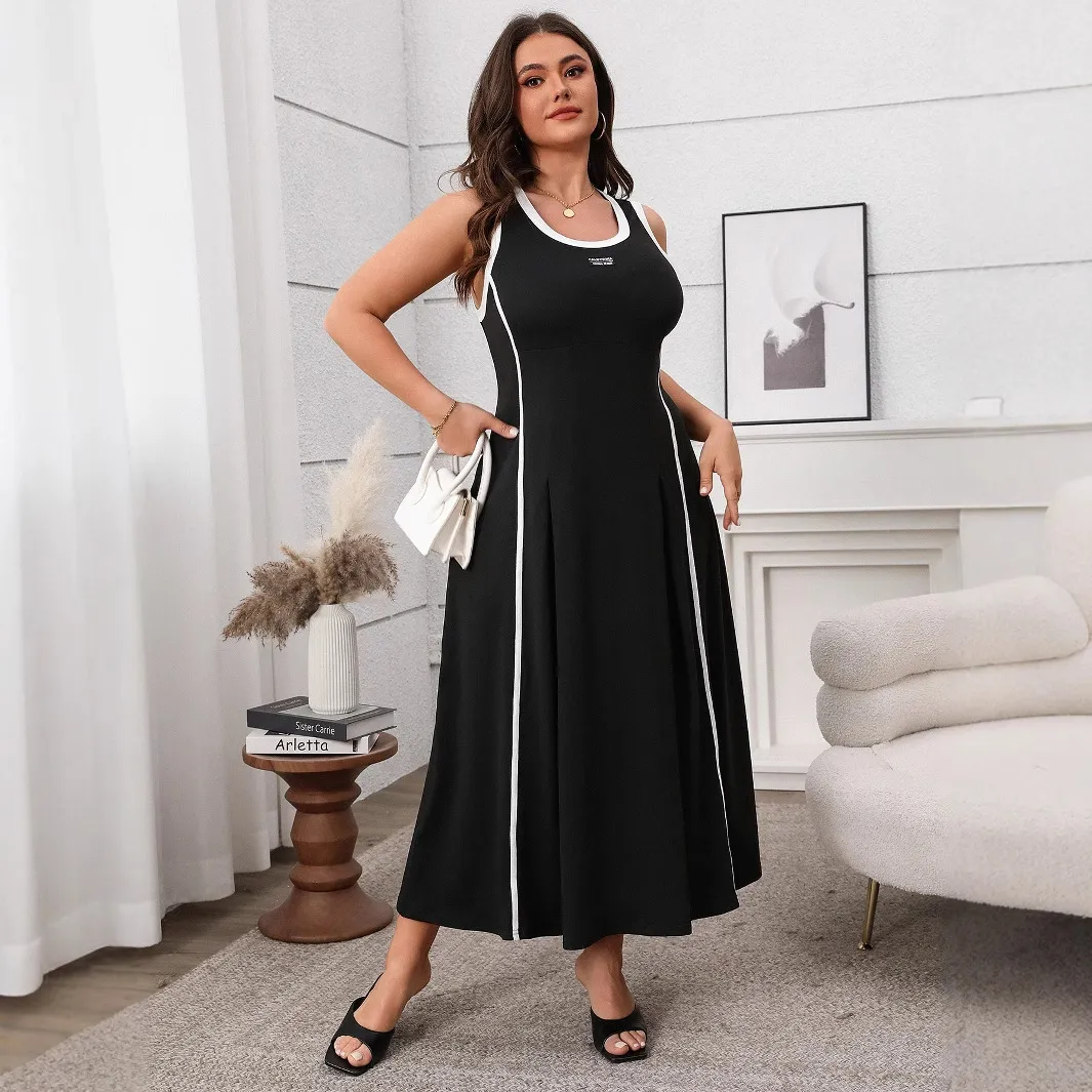 Women Plus Size Sexy Contrast Color Sleeveless Loose Slip Dress