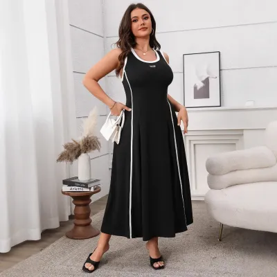 Women Fashion Sexy Plus Size Contrast Color Sleeveless Loose Dress
