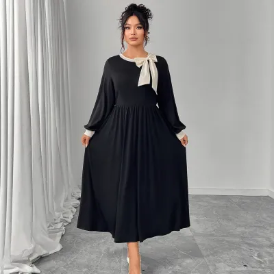 Women Fashion Elegant Plus Size Contrast Color Bowknot Long-Sleeve Pleated Dress