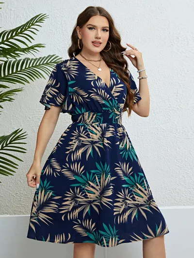 Women Casual Plus Size Printed V-Neck Short-Sleeve Loose Dress