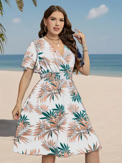 Women Casual Plus Size Printed V-Neck Short-Sleeve Loose Dress