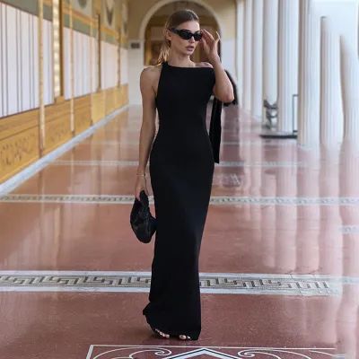 Women Sexy One-Shoulder Lace-Up Slim-Fit Maxi Dress