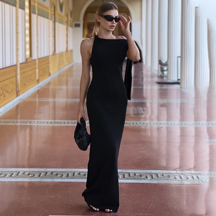 Women Sexy One-Shoulder Lace-Up Slim-Fit Maxi Dress