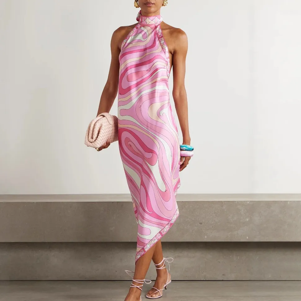 Women Fashion Sexy Irregular Printed Satin Halter-Neck Backless Dress