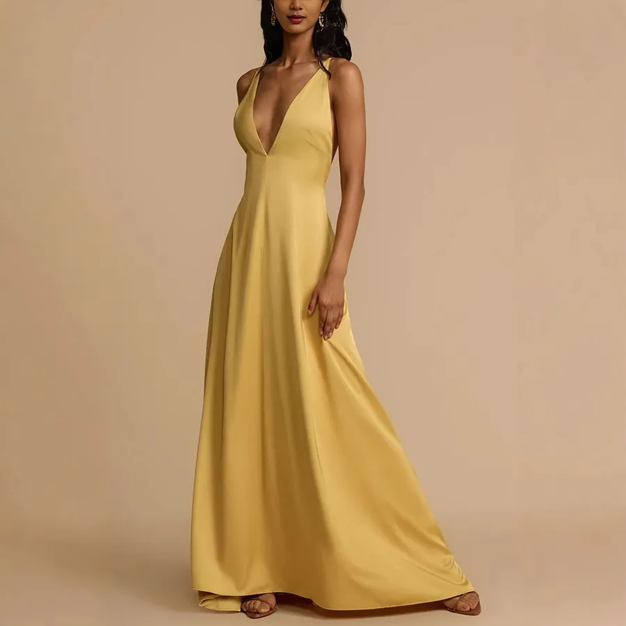 Women Sexy Solid Color Satin V-Neck Sleeveless Backless Slip Dress