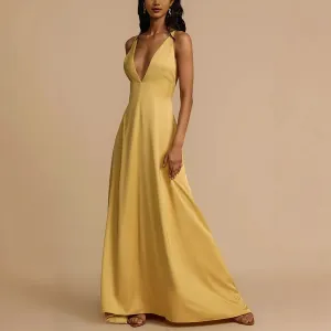 Women Sexy Solid Color Satin V-Neck Sleeveless Backless Slip Dress
