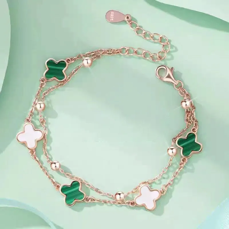 Women Fashion Malachite Four-Leaf Clover Alloy Bracelet