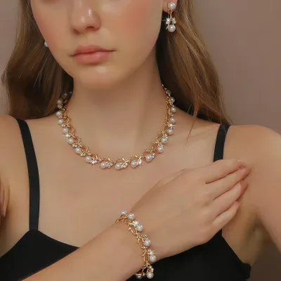 Women Fashion Elegant Multicolor Pearl Rhinestone Necklace Earrings Bracelet Set