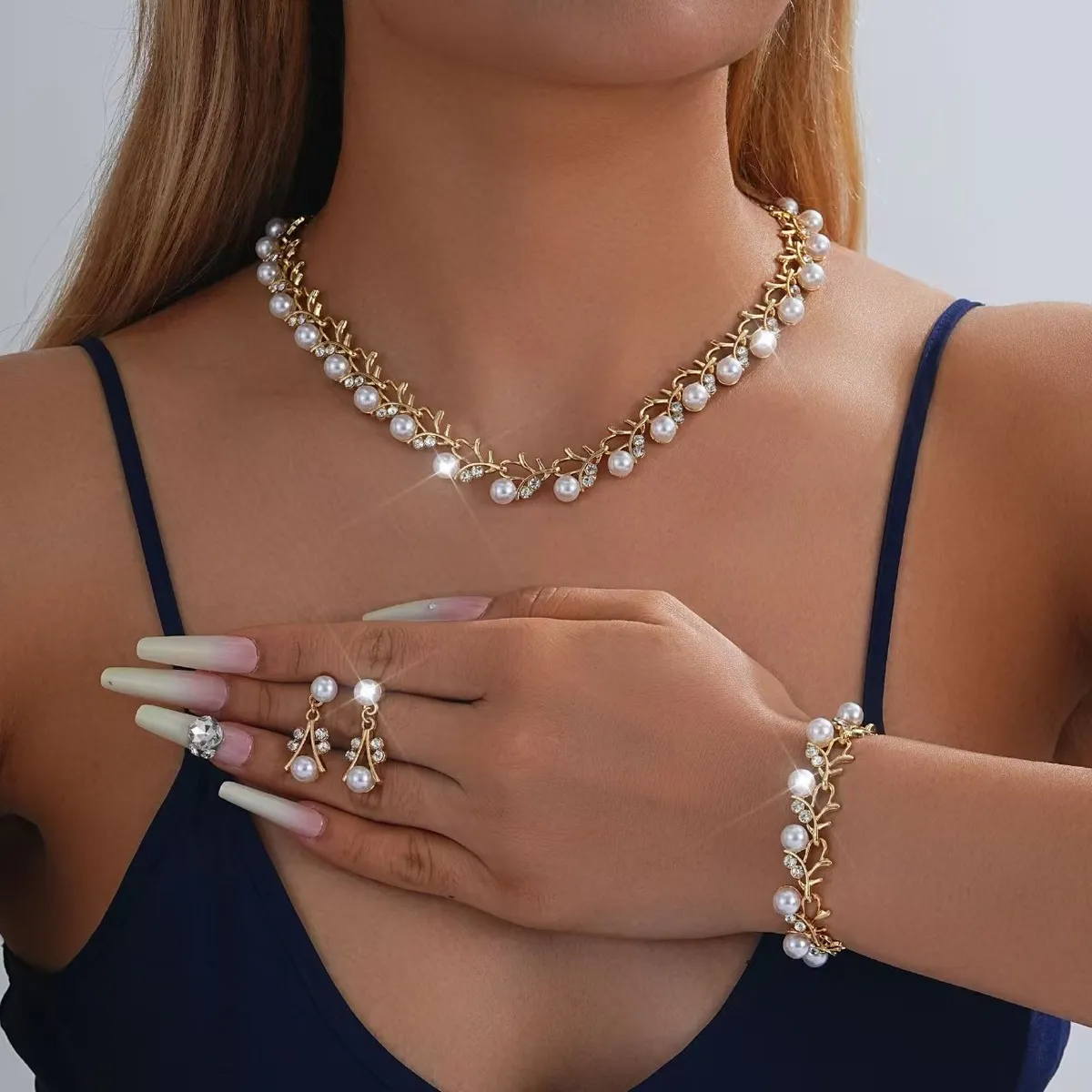Women Fashion Elegant Multicolor Pearl Rhinestone Necklace Earrings Bracelet Set