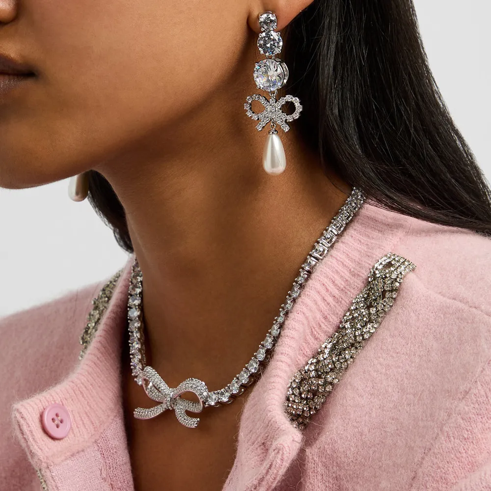 Women Fashion Elegant Pearl Rhinestone Bowknot Pendant Necklace Earrings Set