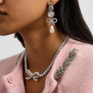 Women Fashion Elegant Pearl Rhinestone Bowknot Pendant Necklace Earrings Set