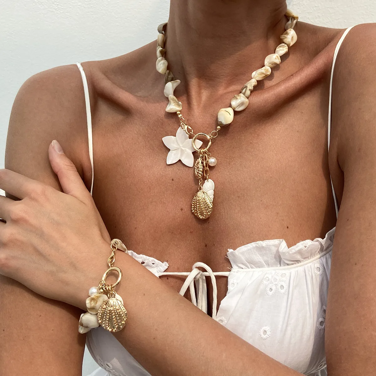 Women Fashion Casual Vacation Conch Sea Star Alloy Pendant Necklace Bracelet Set