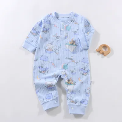 Kids Baby Boys and Girls Cartoon Printed Long Sleeve Cotton Jumpsuit Single-Breasted Neutral