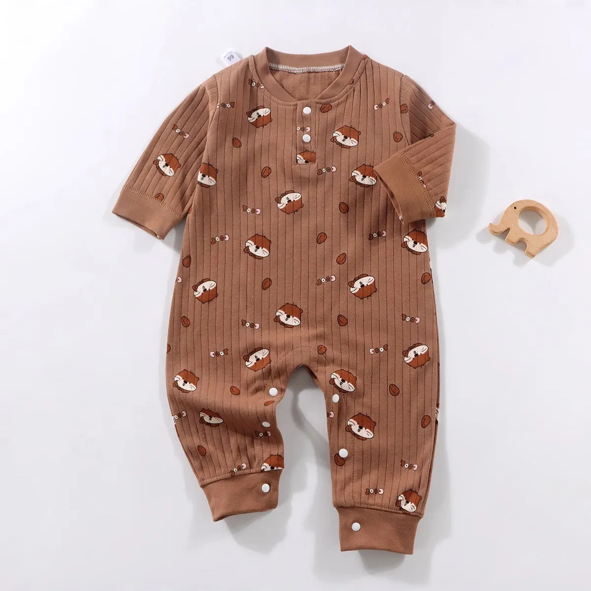 Kids Baby Boys and Girls Cartoon Printed Long Sleeve Cotton Jumpsuit Single-Breasted Neutral