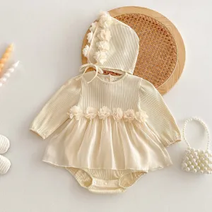 Kids Baby Girls Fashion Solid Color Flower Long-Sleeve Rompers Hat Two-Piece Set 95% Cotton Double-Breasted Buckle
