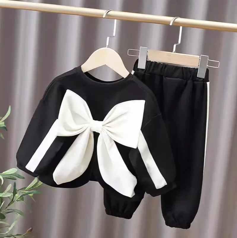 Kids Girls' Autumn Bowknot Long-Sleeve Sweatshirt Loose Pants Two-Piece Set