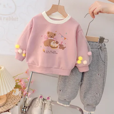 Kids Girls Cartoon Bear Printed Long-Sleeve Sweatshirt Loose Flower Pants Two-Piece Cotton Set