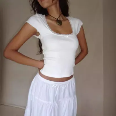Women Fashion Sexy Solid Color Lace Edge Threaded T-Shirt