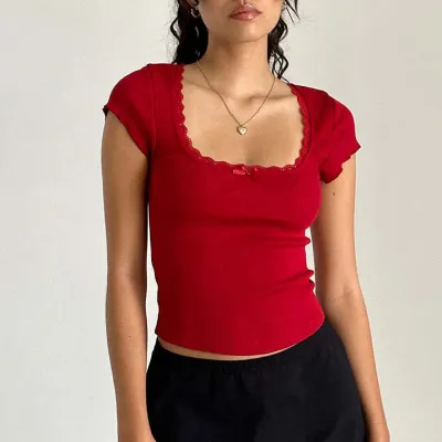 Women Fashion Sexy Solid Color Lace Edge Threaded T-Shirt