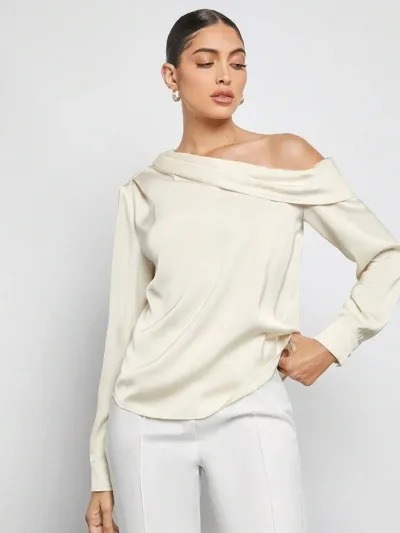 Women Sexy Solid Color Satin Pleated Slanted Shoulder Long Sleeve Blouse