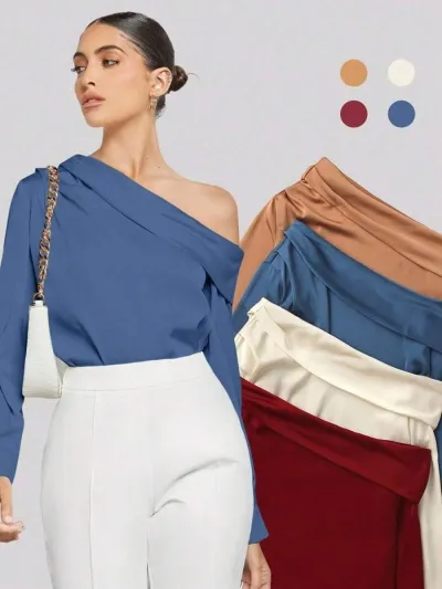 Women Sexy Solid Color Satin Pleated Slanted Shoulder Long Sleeve Blouse