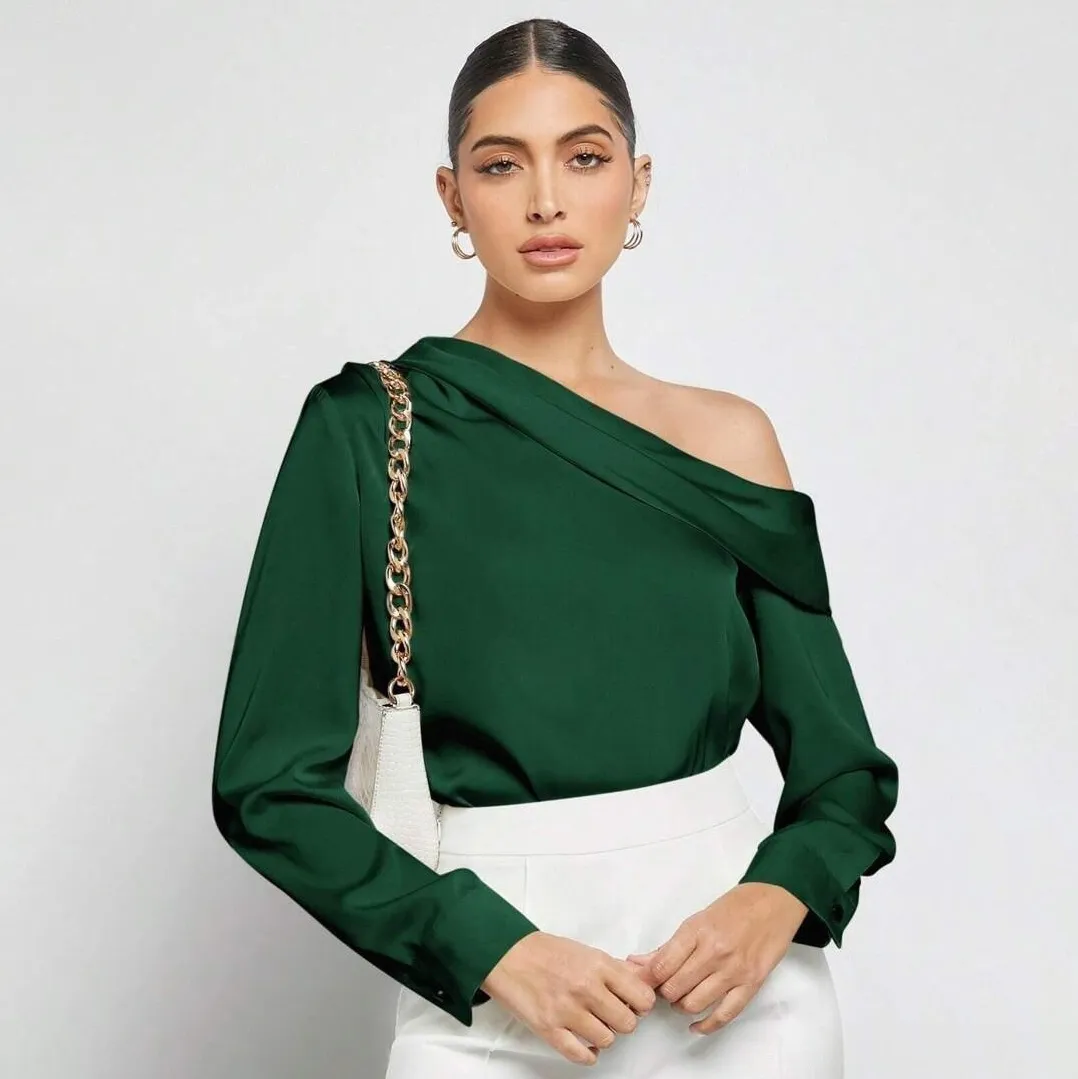 Women Sexy Solid Color Satin Pleated Slanted Shoulder Long Sleeve Blouse