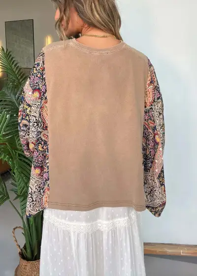 Women Casual Print Splicing Round Neck Loose Batwing Sleeve T-Shirt