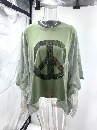 Women Casual Print Splicing Round Neck Loose Batwing Sleeve T-Shirt