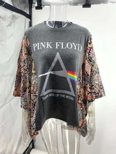 Women Casual Print Splicing Round Neck Loose Batwing Sleeve T-Shirt