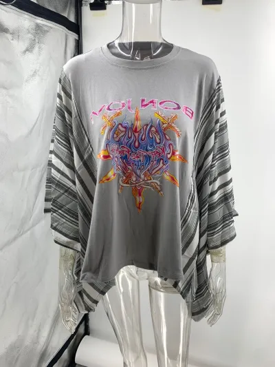 Women Casual Print Splicing Round Neck Loose Batwing Sleeve T-Shirt