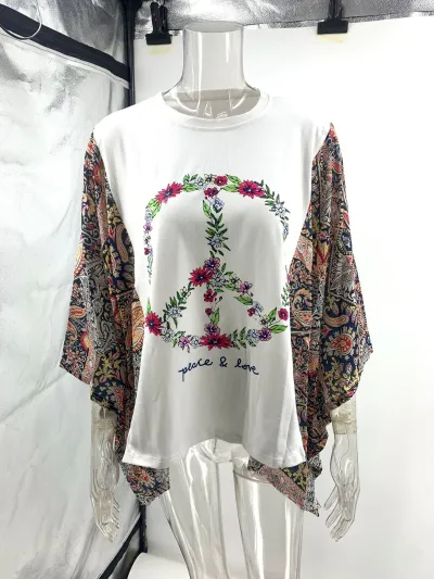 Women Casual Print Splicing Round Neck Loose Batwing Sleeve T-Shirt