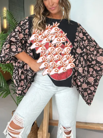 Women Casual Print Splicing Round Neck Loose Batwing Sleeve T-Shirt