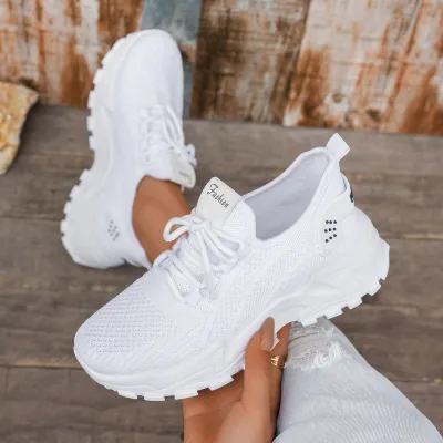 Women Fashion Casual Flying Mesh Breathable Platform Lace-Up Sneakers