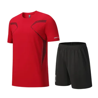 Men Fashion Casual Breathable Quick-Drying Printed Short-Sleeve T-Shirt Loose Shorts Sports Two-Piece Set