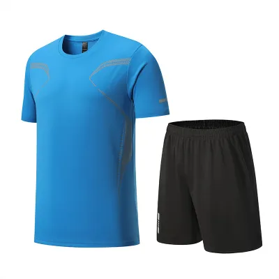 Men Fashion Casual Breathable Quick-Drying Printed Short-Sleeve T-Shirt Loose Shorts Sports Two-Piece Set
