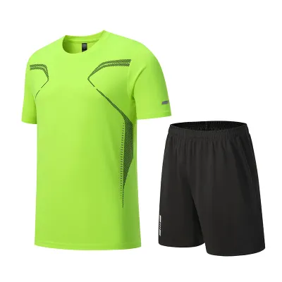 Men Fashion Casual Breathable Quick-Drying Printed Short-Sleeve T-Shirt Loose Shorts Sports Two-Piece Set