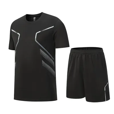 Men Fashion Casual Breathable Quick-Drying Printed Short-Sleeve T-Shirt Loose Shorts Sports Two-Piece Set