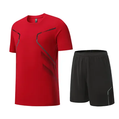 Men Fashion Casual Breathable Quick-Drying Printed Short-Sleeve T-Shirt Loose Shorts Sports Two-Piece Set