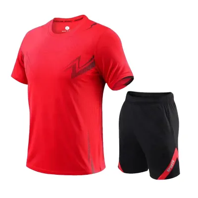 Men Fashion Casual Printed Round Neck Short-Sleeve T-Shirt Loose Shorts Quick-Drying Sports Two-Piece Set