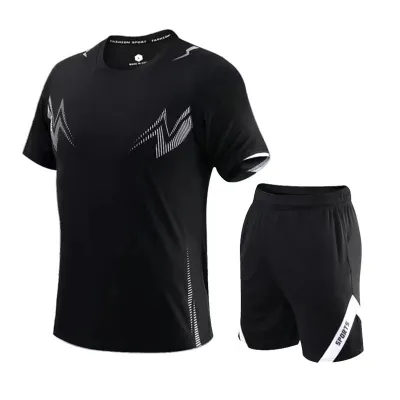 Men Fashion Casual Printed Round Neck Short-Sleeve T-Shirt Loose Shorts Quick-Drying Sports Two-Piece Set