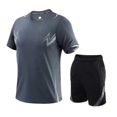 Men Fashion Casual Printed Round Neck Short-Sleeve T-Shirt Loose Shorts Quick-Drying Sports Two-Piece Set