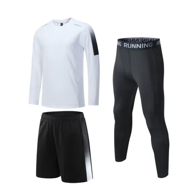 Men Fashion Casual Breathable Sports Long-Sleeve T-Shirt Loose Shorts Tight Pants Three-Piece Set Summer Activewear