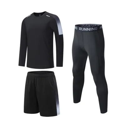 Men Fashion Casual Breathable Sports Long-Sleeve T-Shirt Loose Shorts Tight Pants Three-Piece Set Summer Activewear