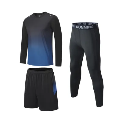 Men Fashion Casual Breathable Sports Long-Sleeve T-Shirt Loose Shorts Tight Pants Three-Piece Set Summer Activewear