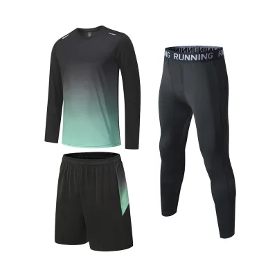 Men Fashion Casual Breathable Sports Long-Sleeve T-Shirt Loose Shorts Tight Pants Three-Piece Set Summer Activewear