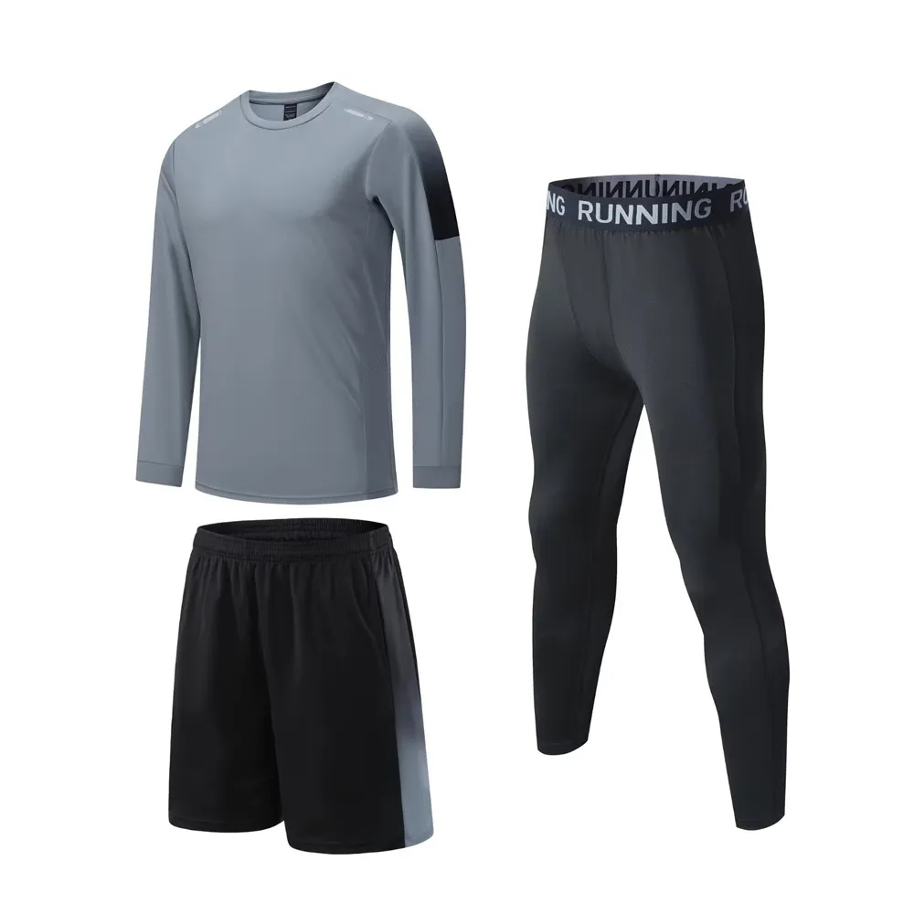 Men Fashion Casual Breathable Sports Long-Sleeve T-Shirt Loose Shorts Tight Pants Three-Piece Set Summer Activewear