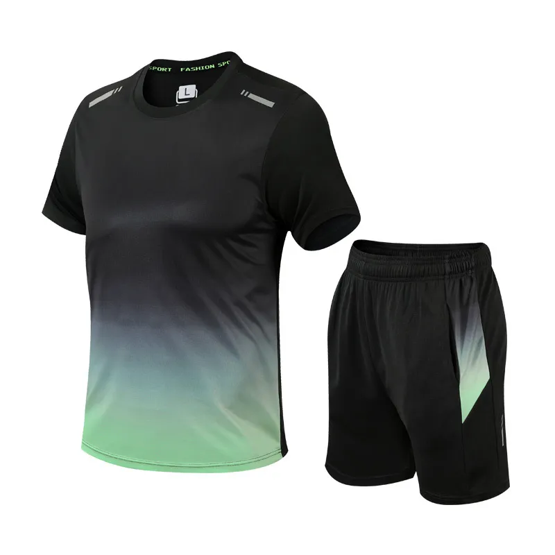 Men's Gradient Quick-Dry Short Sleeve T-Shirt and Shorts Sports Two-Piece Set