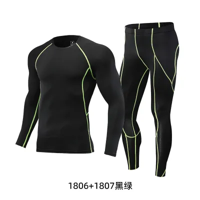 Men's Fashion Contrast Color Long-Sleeve T-Shirt Tight Pants Quick-Dry Sports Two-Piece Set